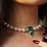 Green Emerald and White Pearl Necklace