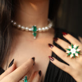 Green Emerald and White Pearl Necklace